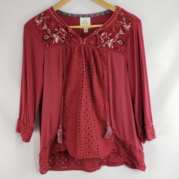 Knox Rose Tops - Knox Rose Red Boho Peasant Tassled Tunic Knox Rose Tops - Knox Rose Red Boho Peasant Tassled Tunic